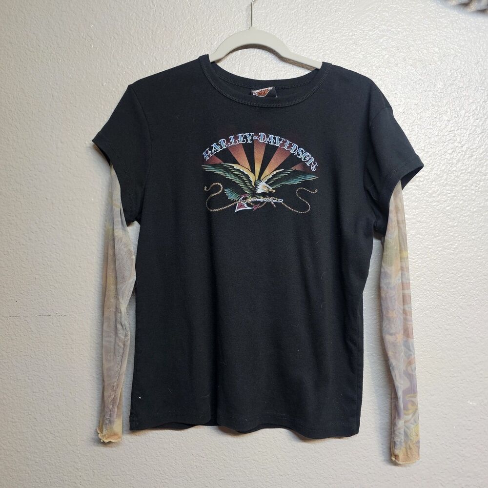 Harley-Davidson Womens Chicago IL XL Black Graphic Tee Mesh Sleeves Biker HH209